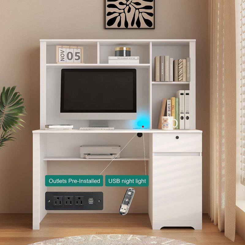 Computer Desk With Hutch & Bookshelf, Wood Executive Desk Teens Student Desk Writing Laptop Home Office Desk With Drawers, 3 Ac Outlets And 2 USB Charging Ports, Study Laptop Table For Home - White by Unique Piece Furniture