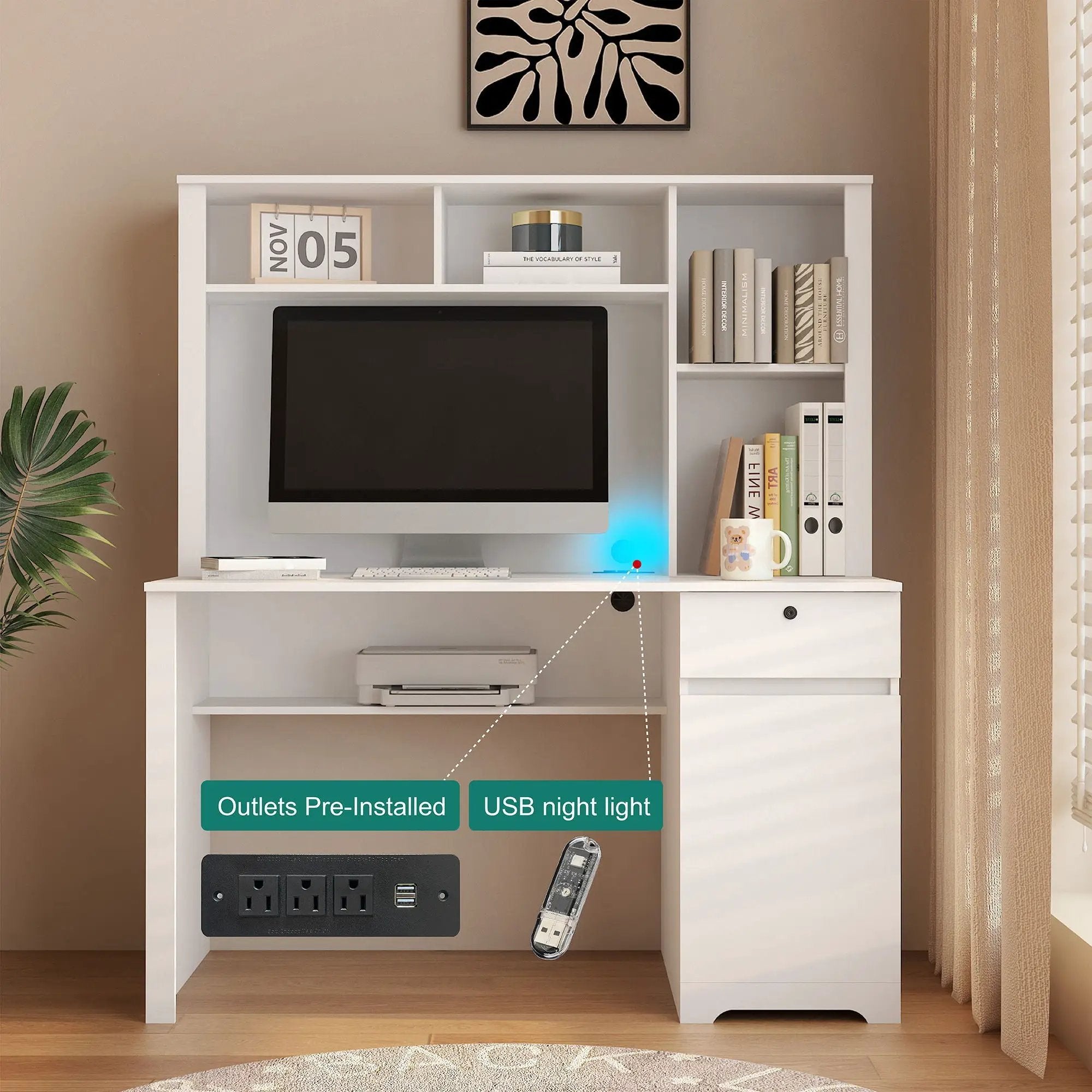 Computer Desk With Hutch & Bookshelf, Wood Executive Desk Teens Student Desk Writing Laptop Home Office Desk With Drawers, 3 Ac Outlets And 2 USB Charging Ports, Study Laptop Table For Home - White by HouseOfZazla