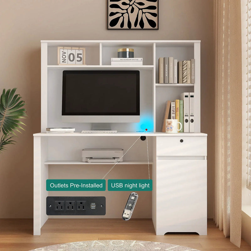 Computer Desk With Hutch & Bookshelf, Wood Executive Desk Teens Student Desk Writing Laptop Home Office Desk With Drawers, 3 Ac Outlets And 2 USB Charging Ports, Study Laptop Table For Home - White by HouseOfZazla