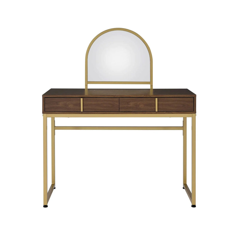 Coleen Walnut & Gold Finish Vanity Desk with Mirror & Jewelry Tray by HouseOfZazla