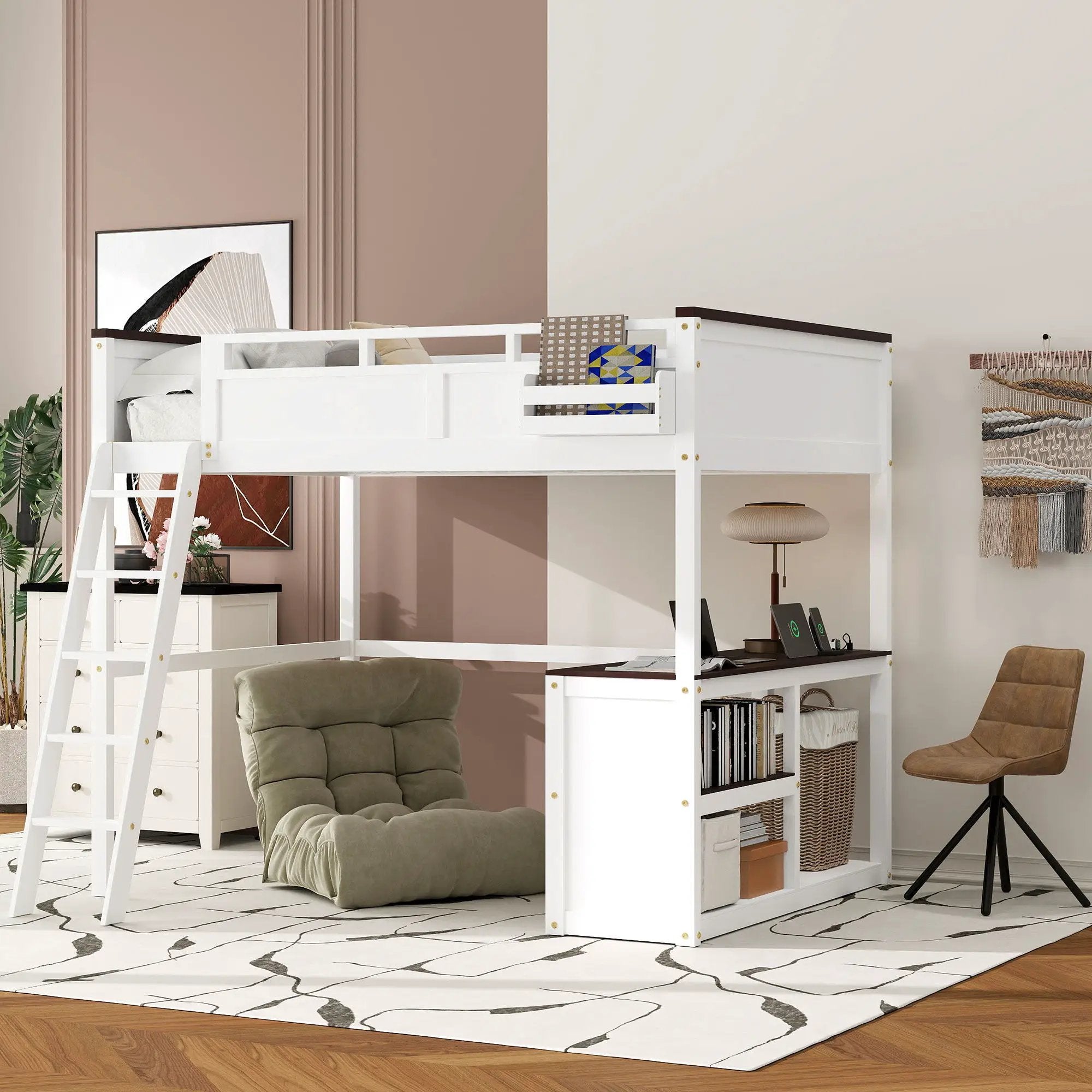 Queen Size Loft Bed With Desk, Open Shelf, Storage Box And USB Charging Station - White by Unique Piece Furniture