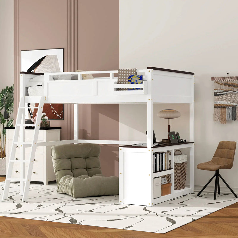 Queen Size Loft Bed With Desk, Open Shelf, Storage Box And USB Charging Station - White by Unique Piece Furniture