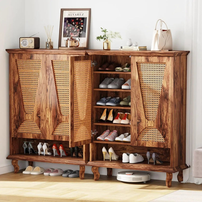 Shoe Cabinet With 5 Tier Freestanding Organizer, Ventilated Doors - Natural Wood by HouseOfZazla