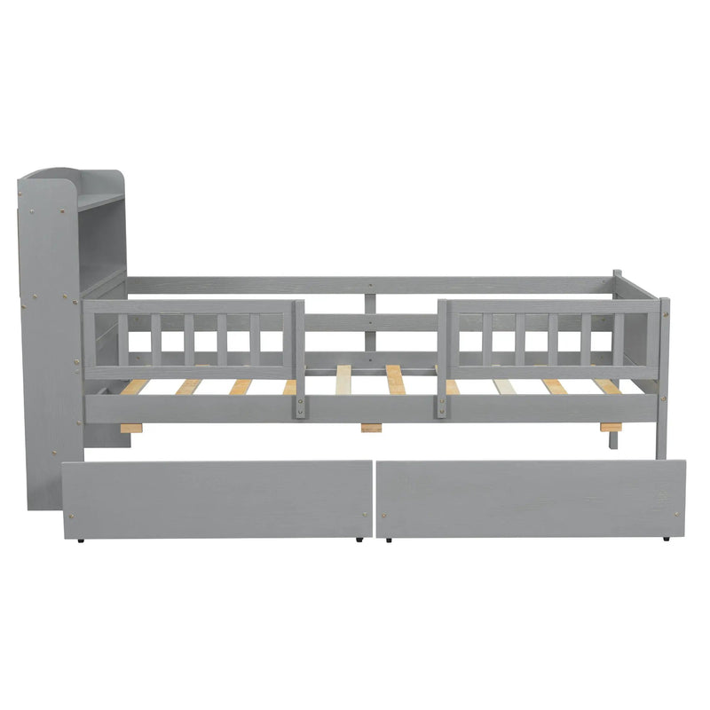 Platform Bed With LED Light, Multi Functional Headboard, Guardrail And 2 Drawers by Unique Piece Furniture