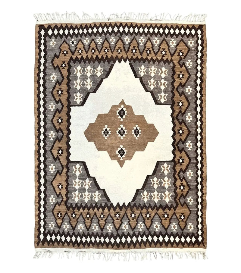 Antique Persian Fars Kilim Rug 8x11, Wool, Boho Tribal Persian Shiraz Flatweave Carpet, Semi Open Field, Geometric, Handmade, Vintage Semi Antique by Jewel Rugs