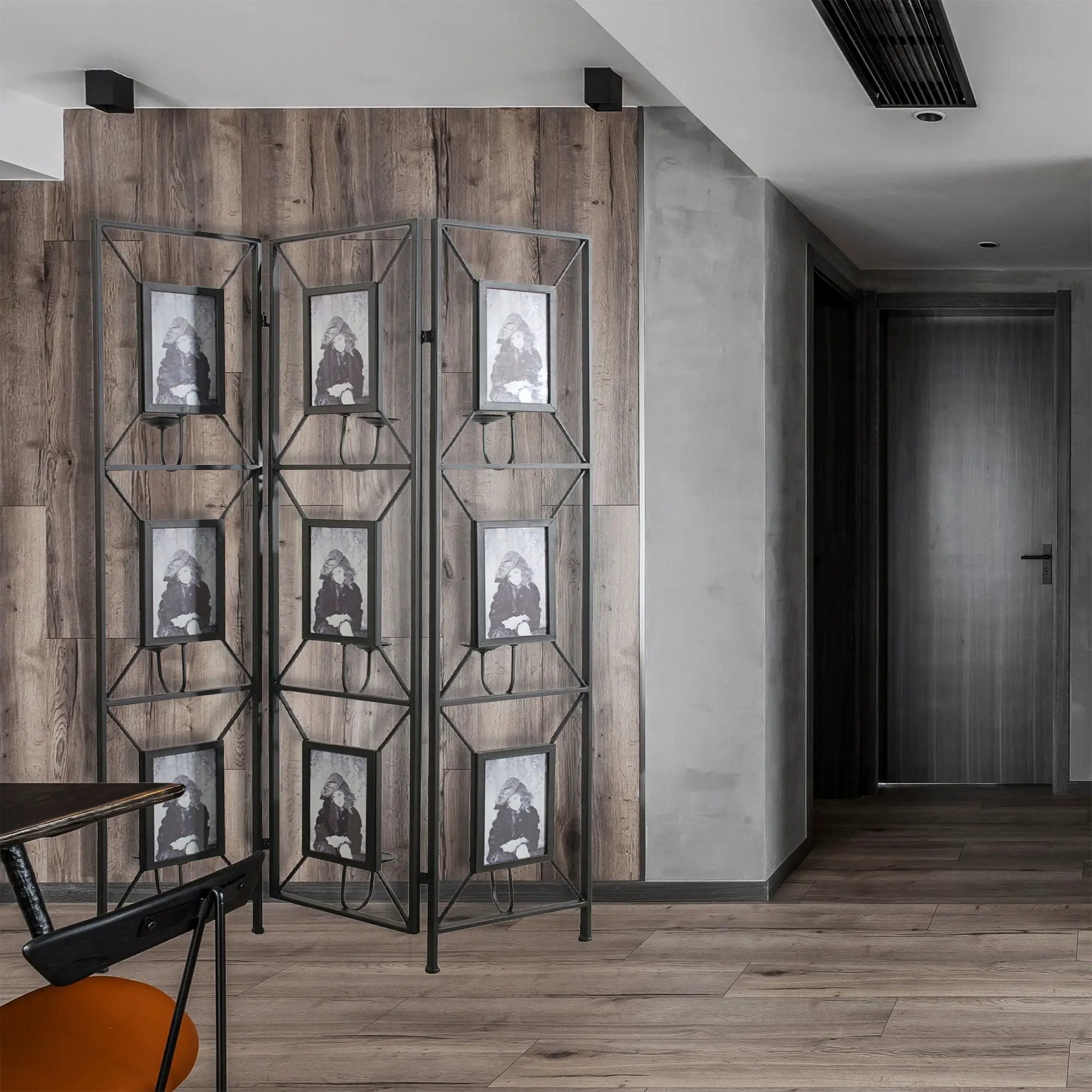 Room Photo Frames Screen Divider Screens, 3 Panel Decorative Screen With Photo Frames, Antique Mirror, Candle Stick - Black by Unique Piece Furniture