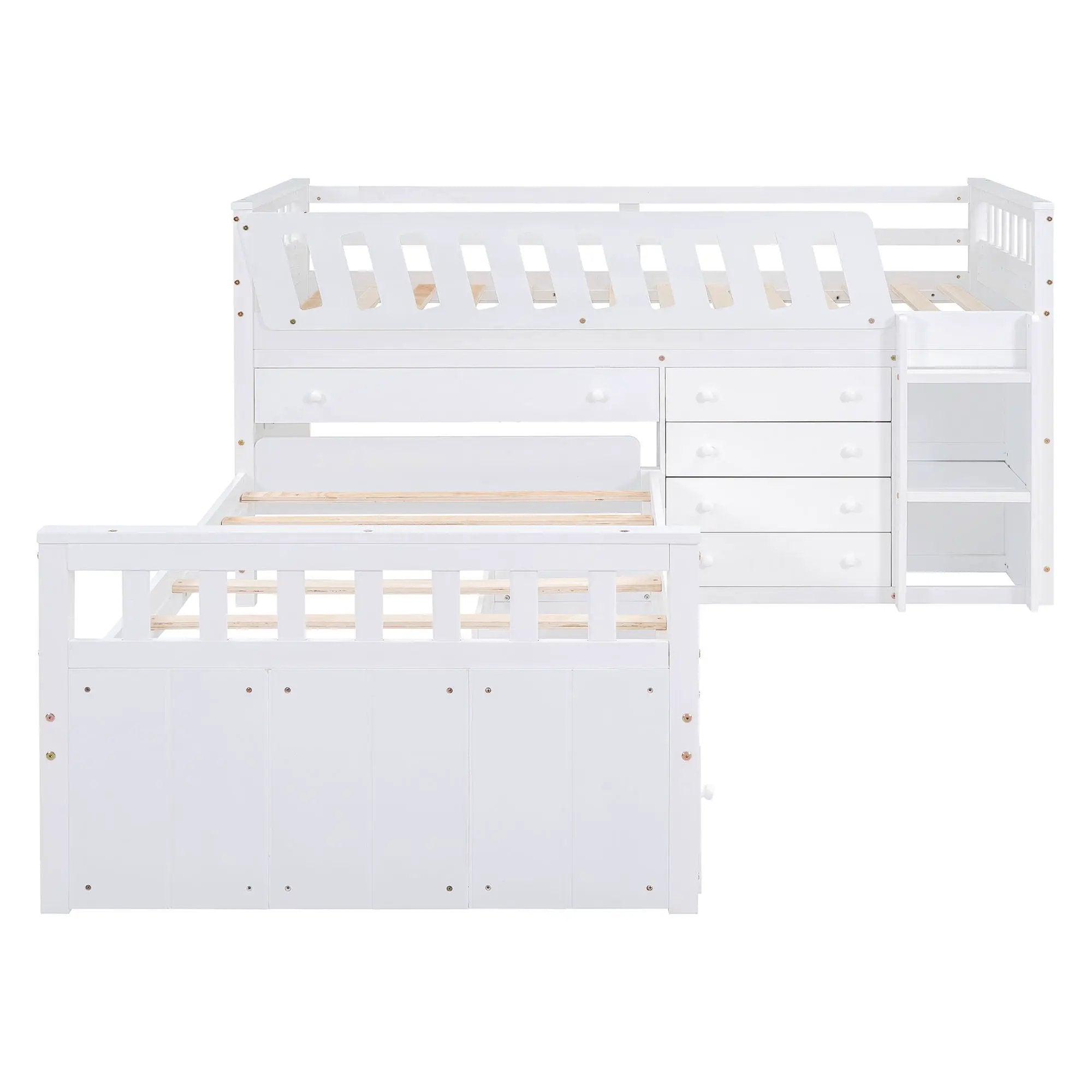 Loft Platform Bed With 7 Drawers And Full Guardrails, Modern L Shaped Space Savin
