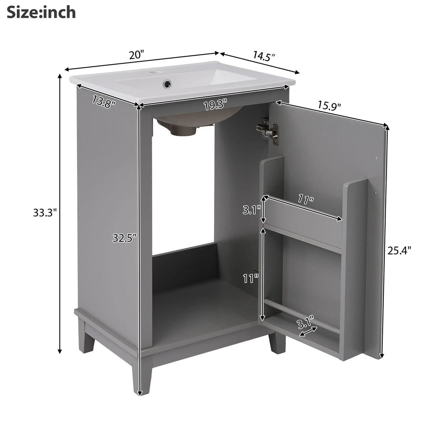Modern Small Bathroom Vanity Cabinet With Ceramic Basin, Ample Storage, 1 Soft Close Door by Unique Piece Furniture