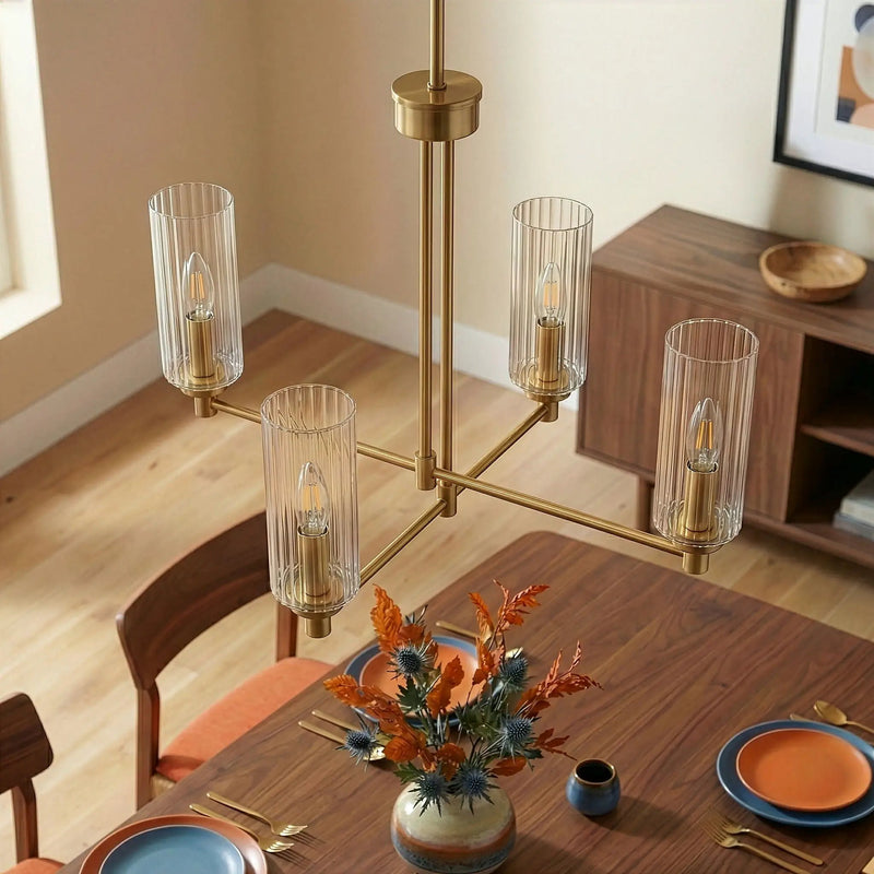 Enigma - 4 Lights Chandelier With Clear Ribbed Satin - Antique Brass / Clear / Gold by Unique Piece Furniture