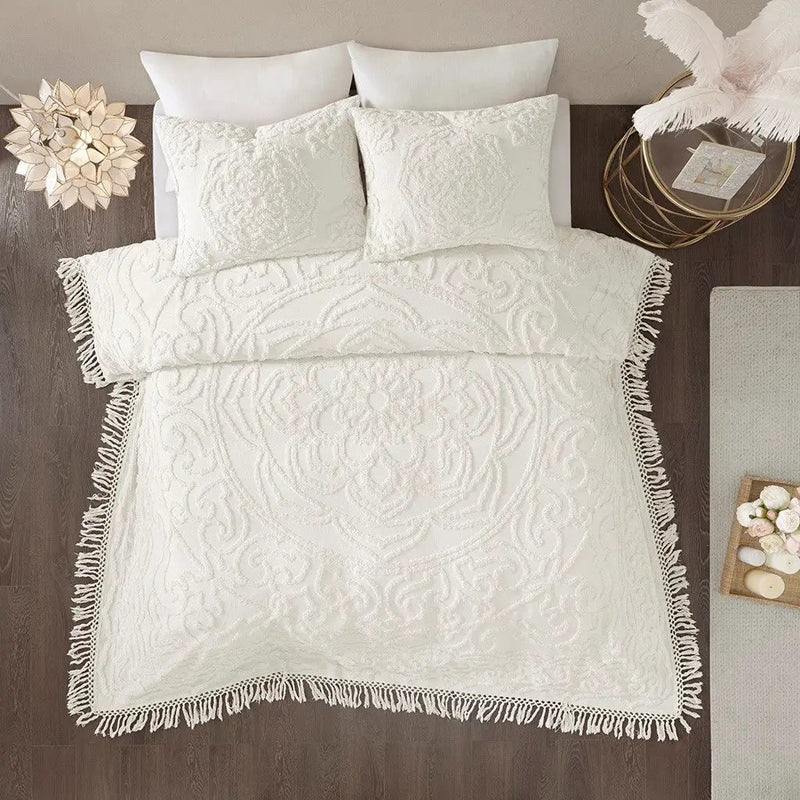 Tufted Cotton Chenille Medallion Fringe Coverlet Mini Set - Off-White by HouseOfZazla