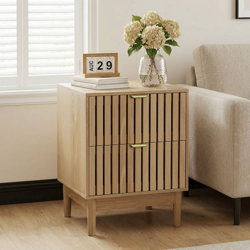 Bedside Table With Grille Design And 2 Drawers, Side Table For Bedroom - Oak by Unique Piece Furniture