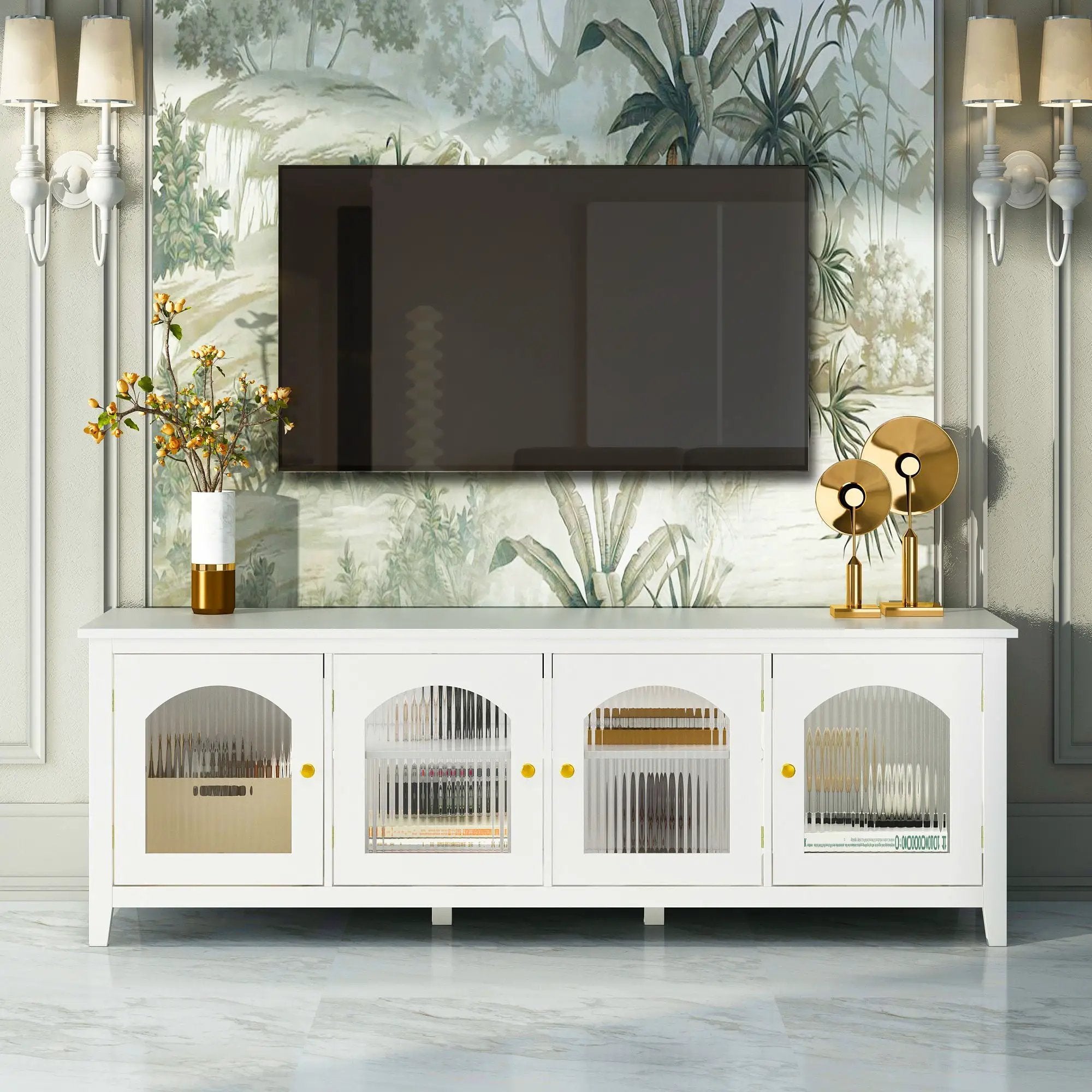 StylishTVcabinet Entertainment CenterTV Stand, TVconsoletable, Media Console, Solidwood Frame, Changhong Glass Door, Metal Handle by Unique Piece Furniture