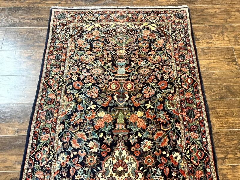 Persian Saoruk Rug 4x5, Navy Blue and Red, Floral, Antique Persian Wool Carpet, Handmade by Jewel Rugs