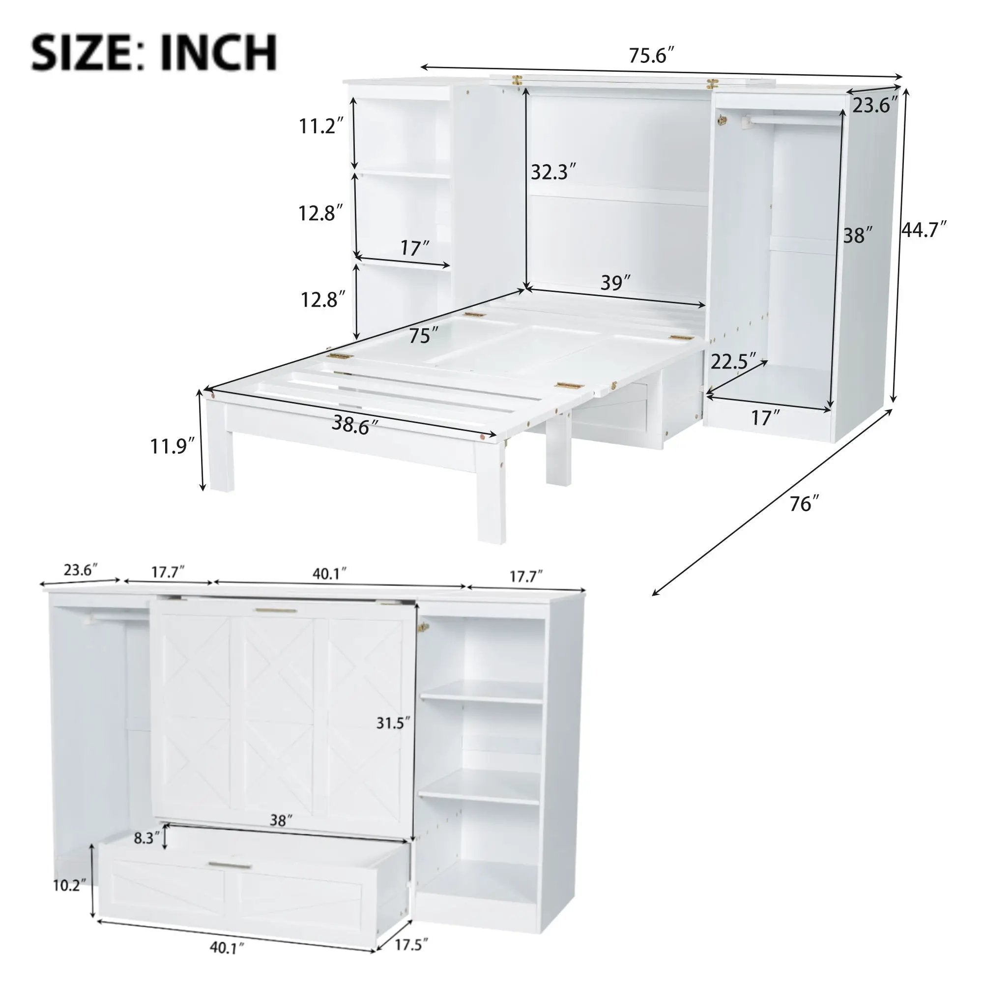 Twin Size Murphy Bed With Bedside Shelves And Wardrobe - White by Unique Piece Furniture