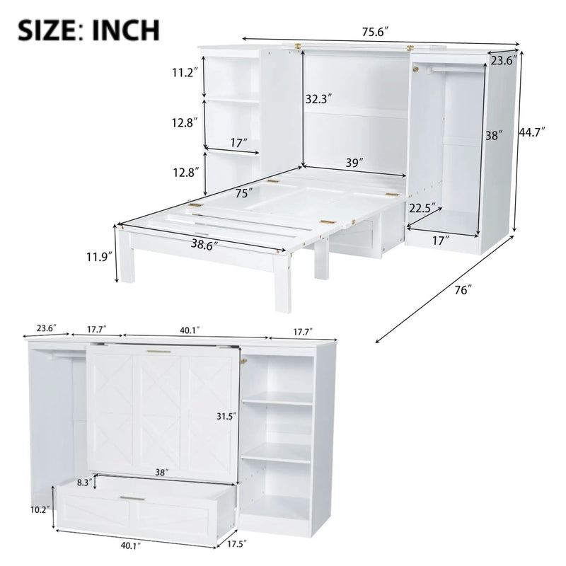 Twin Size Murphy Bed With Bedside Shelves And Wardrobe - White