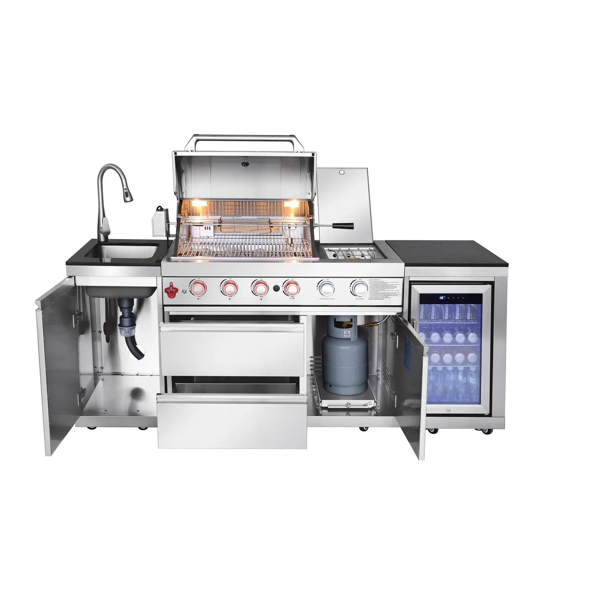85.2" 4+1 Burner 71500 BTU Silver Outdoor Kitchen Island Grill + Sink + Refrigerator by Chery Industrial