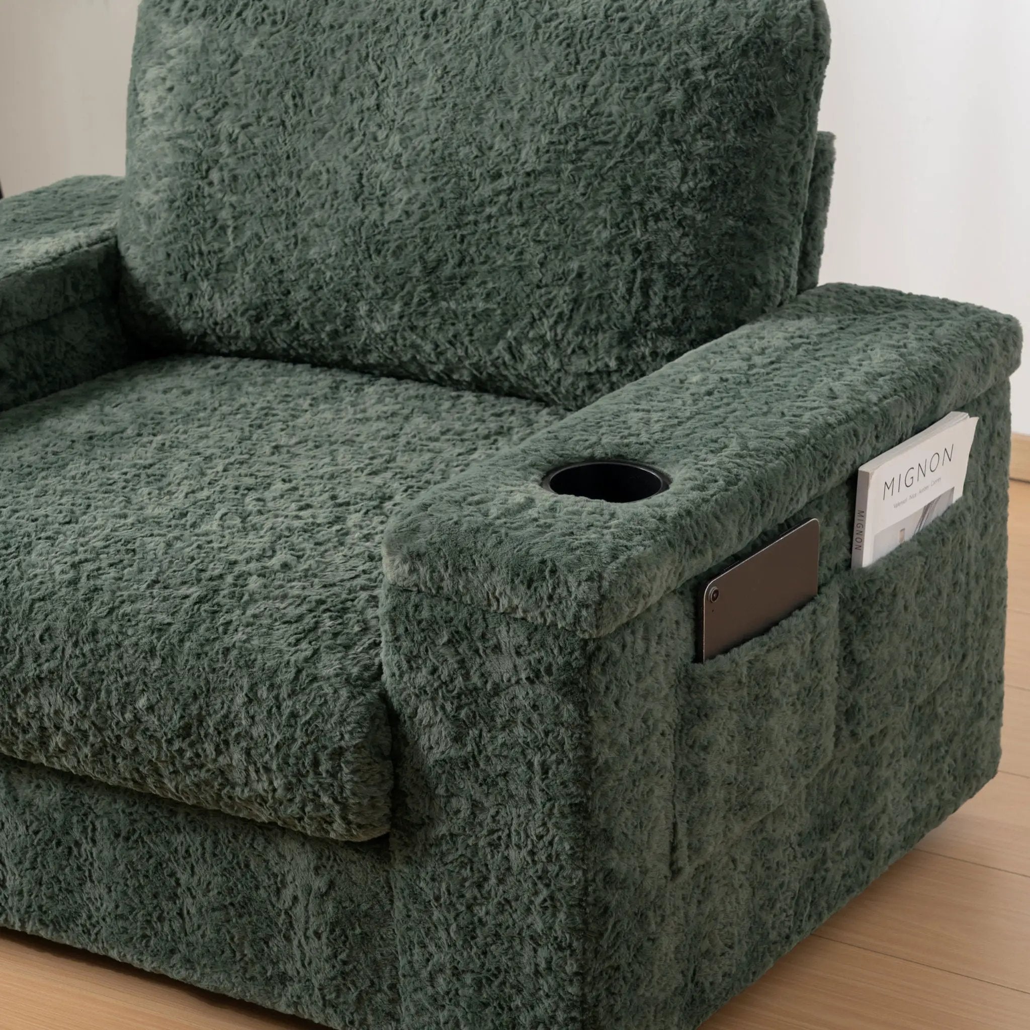 Oversized Chaise Lounge Indoor Rabbit Fur Sofa Bed With Storage Ottoman And Armrests Cup Holders With Deep Seat by HouseOfZazla