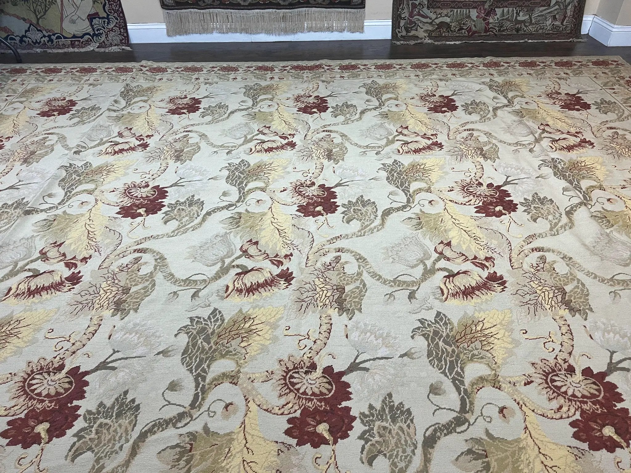 Extra Large Needlepoint Rug 14 x 20, Vintage Handwoven Handmade Wool Flatweave Carpet, Allover Floral Pattern, Elegant European Deisgn Rug by Jewel Rugs