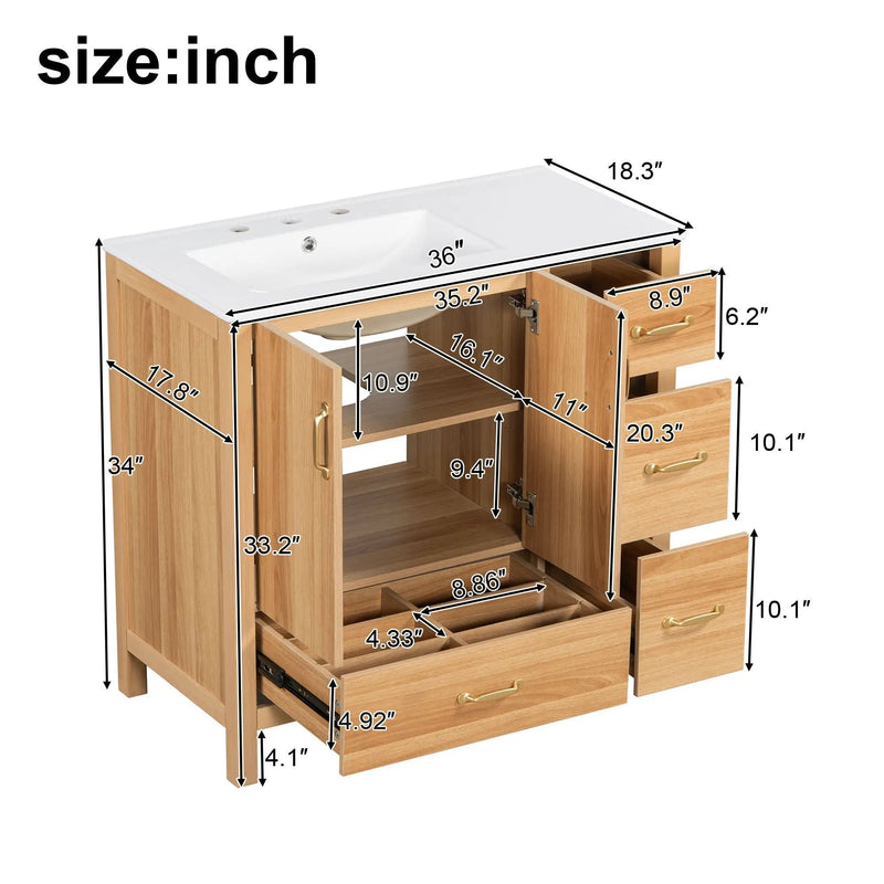 36" Bathroom Vanity, 2 Soft Close Doors, 4 Soft Close Drawers, Adjustable Shelf, Storage Cabinet - Acacia Wood by Unique Piece Furniture
