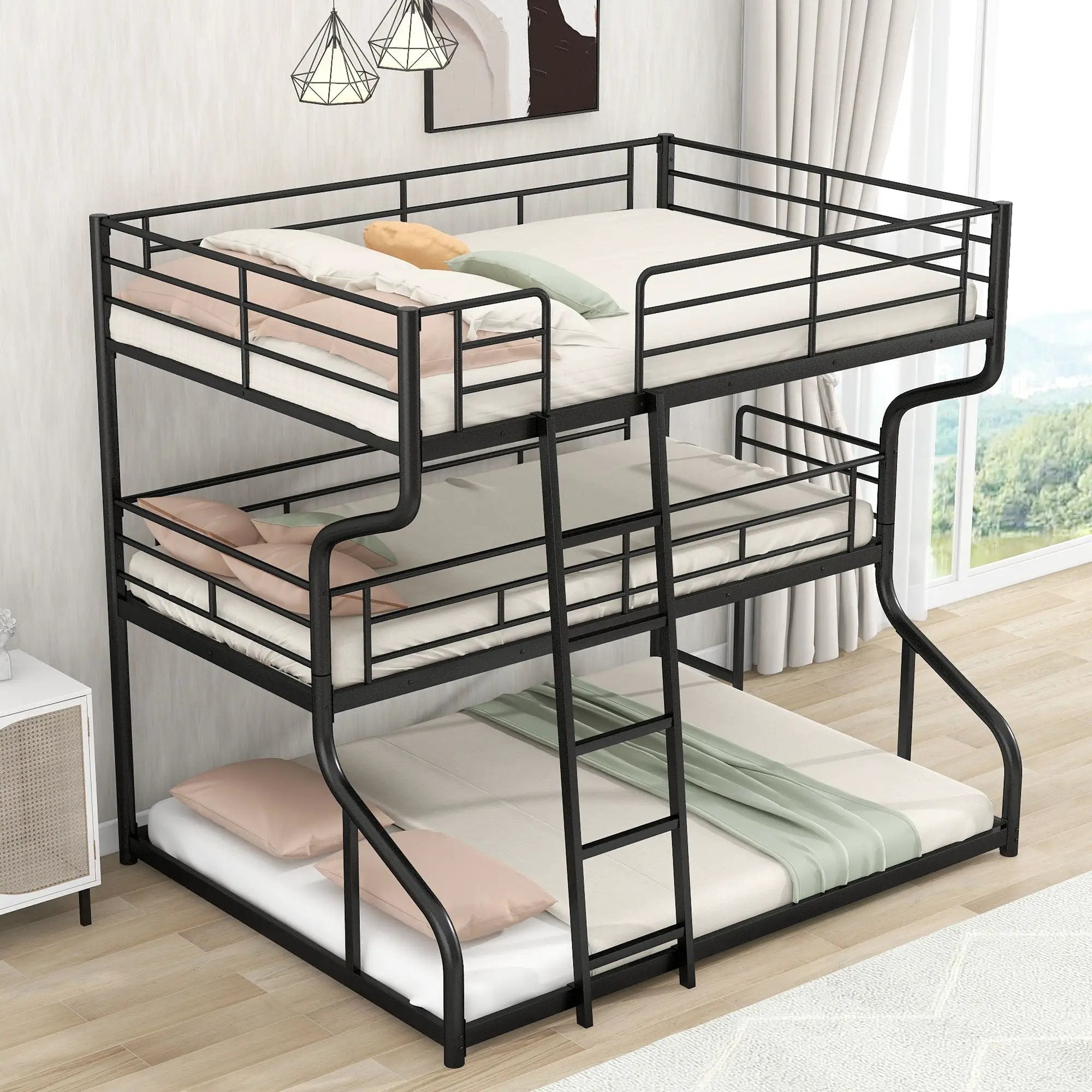 Industrial Triple Bunk Bed With Dual Ladders Frame, Space Saving Design by HouseOfZazla