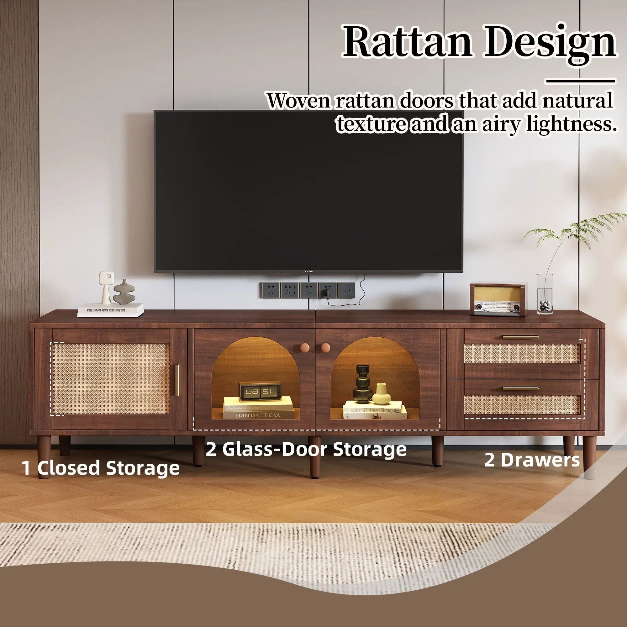 TV Stand With App-Controlled LED Lights, 2 Drawers & Door Storage by HouseOfZazla