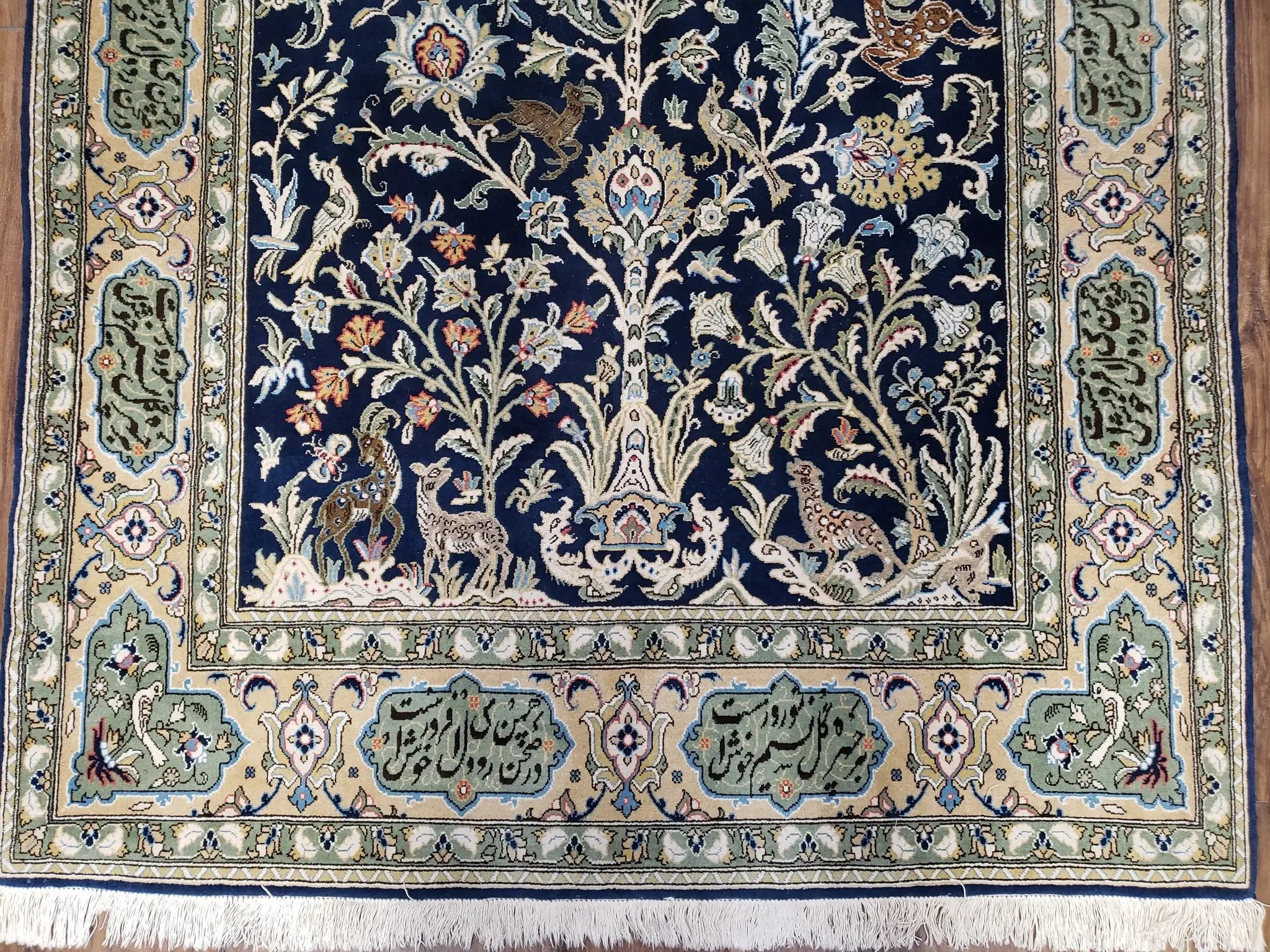 Semi Antique Persian Qum Tree of Life Rug, Hand-Knotted, Wool, Midnight Blue and Tan, Animal Pictorials, Written Poem in Borders, 4' 8" x 7' 8" by Jewel Rugs