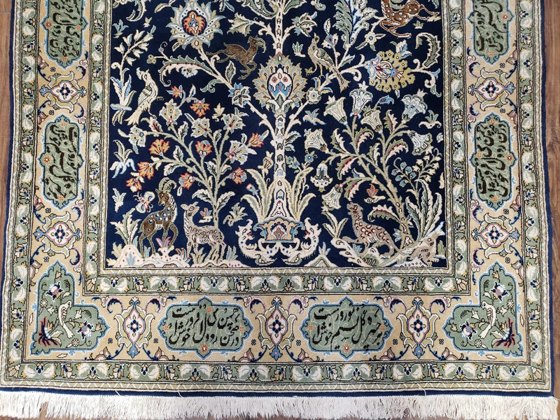 Semi Antique Persian Qum Tree of Life Rug, Hand-Knotted, Wool, Midnight Blue and Tan, Animal Pictorials, Written Poem in Borders, 4' 8" x 7' 8" by Jewel Rugs