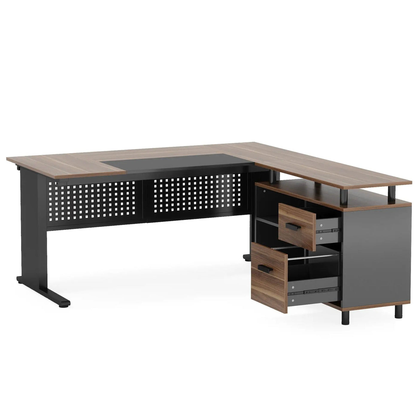 L-Shaped Executive Desk With File Cabinet, Office Workstation With Drawers, Shelves & Storage by HouseOfZazla
