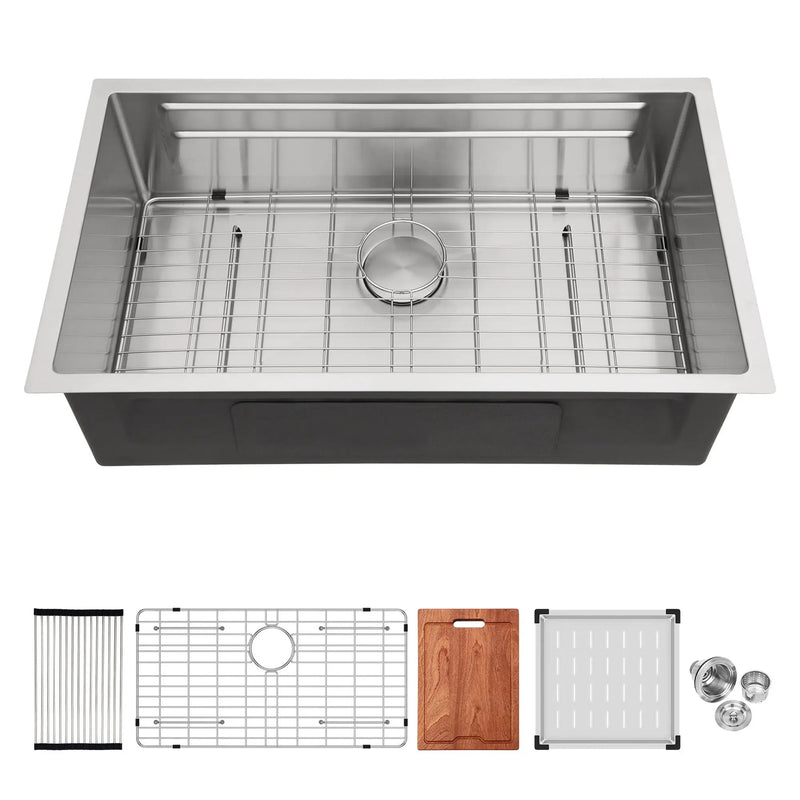 Undermount Kitchen Sink, Single Bowl With Ledge Workstation, 16 Gauge Stainless Steel - Brushed Nickel by HouseOfZazla