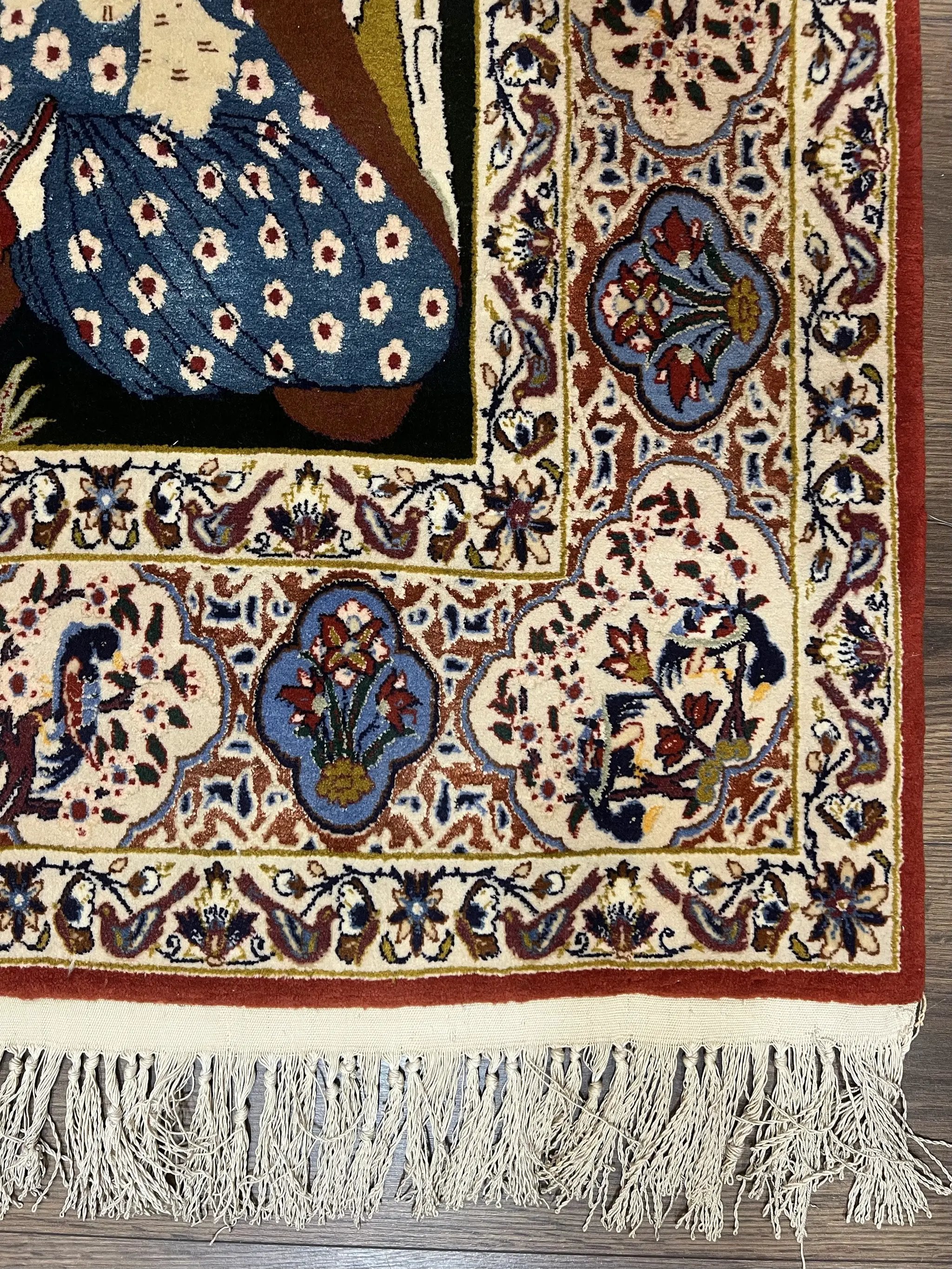 Persian Pictorial Rug 5 x 4 ft, Persian Isfahan Rug, Kork Wool on Silk Foundation, Signature from Master Weaver, Drums and Musical Instruments, Birds, Detailed by Jewel Rugs