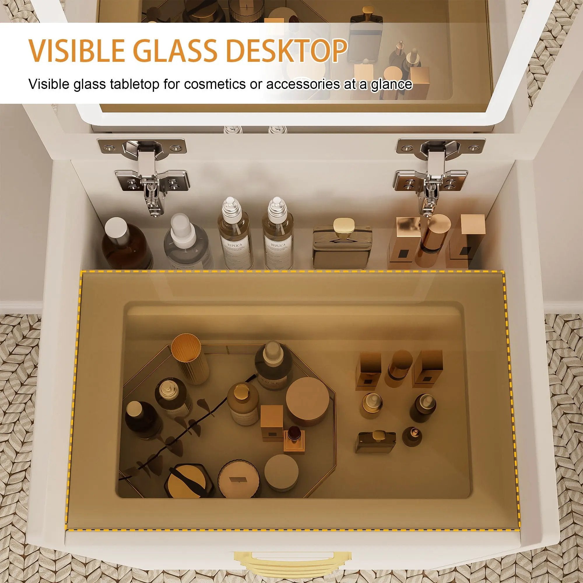Compact 3 In 1 Vanity Desk With Open Top Mirror, Glass Desktop, 5 Height - White by Unique Piece Furniture