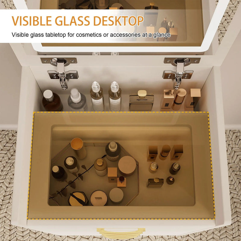 Compact 3 In 1 Vanity Desk With Open Top Mirror, Glass Desktop, 5 Height - White by Unique Piece Furniture