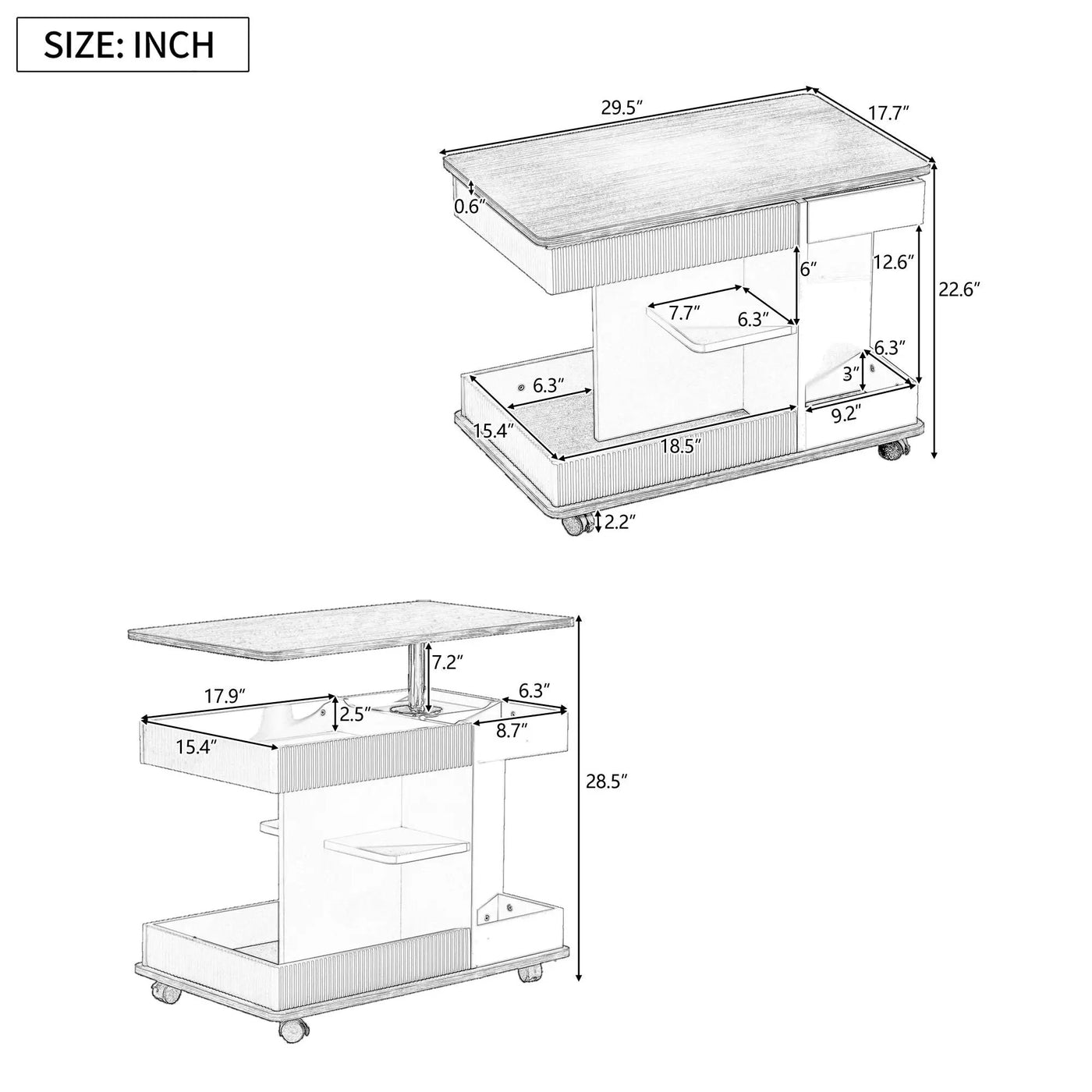 Adjustable End Table With Wheels, 360°Rotating Top And Storage Space by Unique Piece Furniture