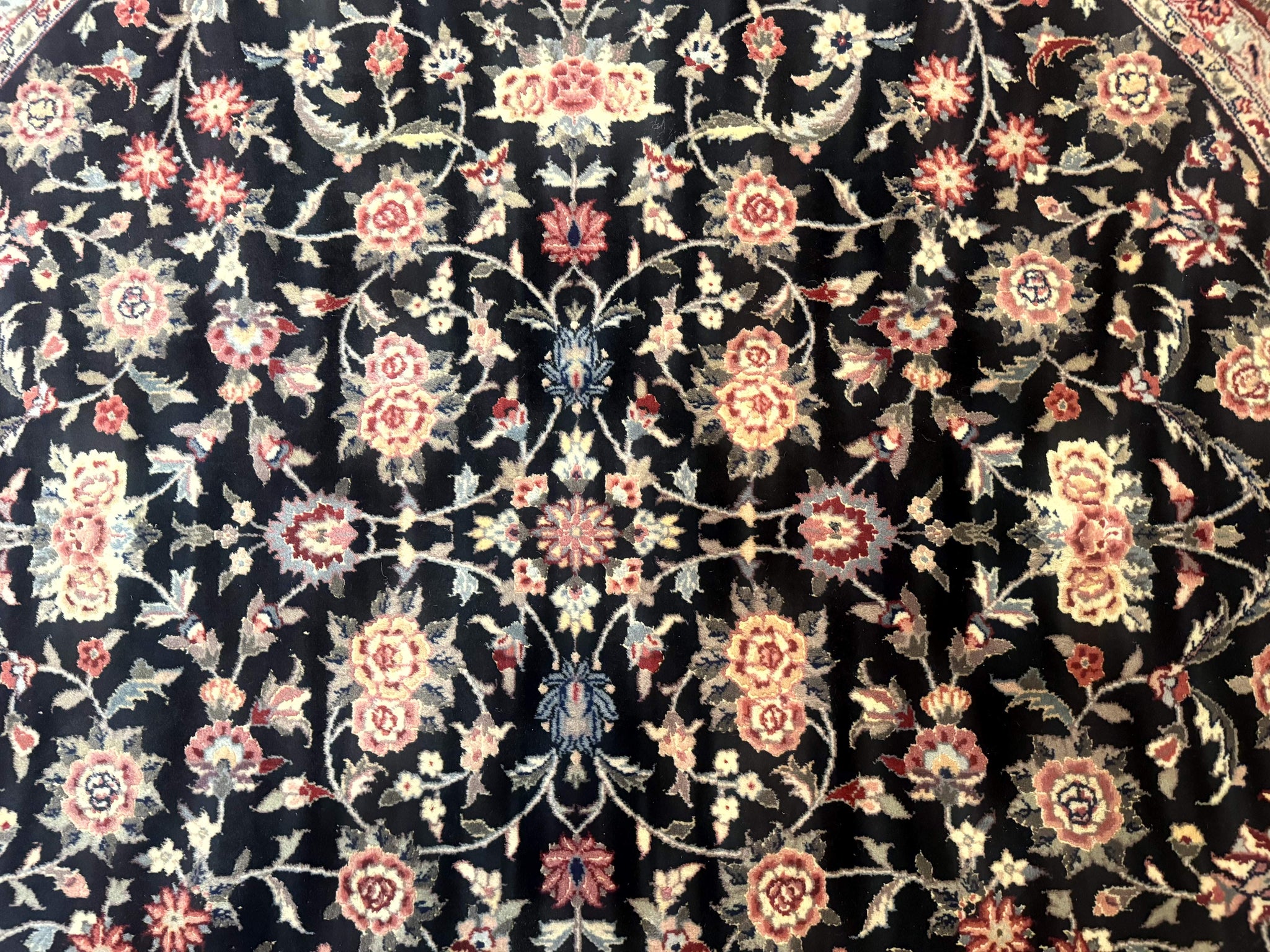 Round Sino Persian Rug 6x6, Floral, Navy Blue and Red, Wool and Silk Highlights by Jewel Rugs