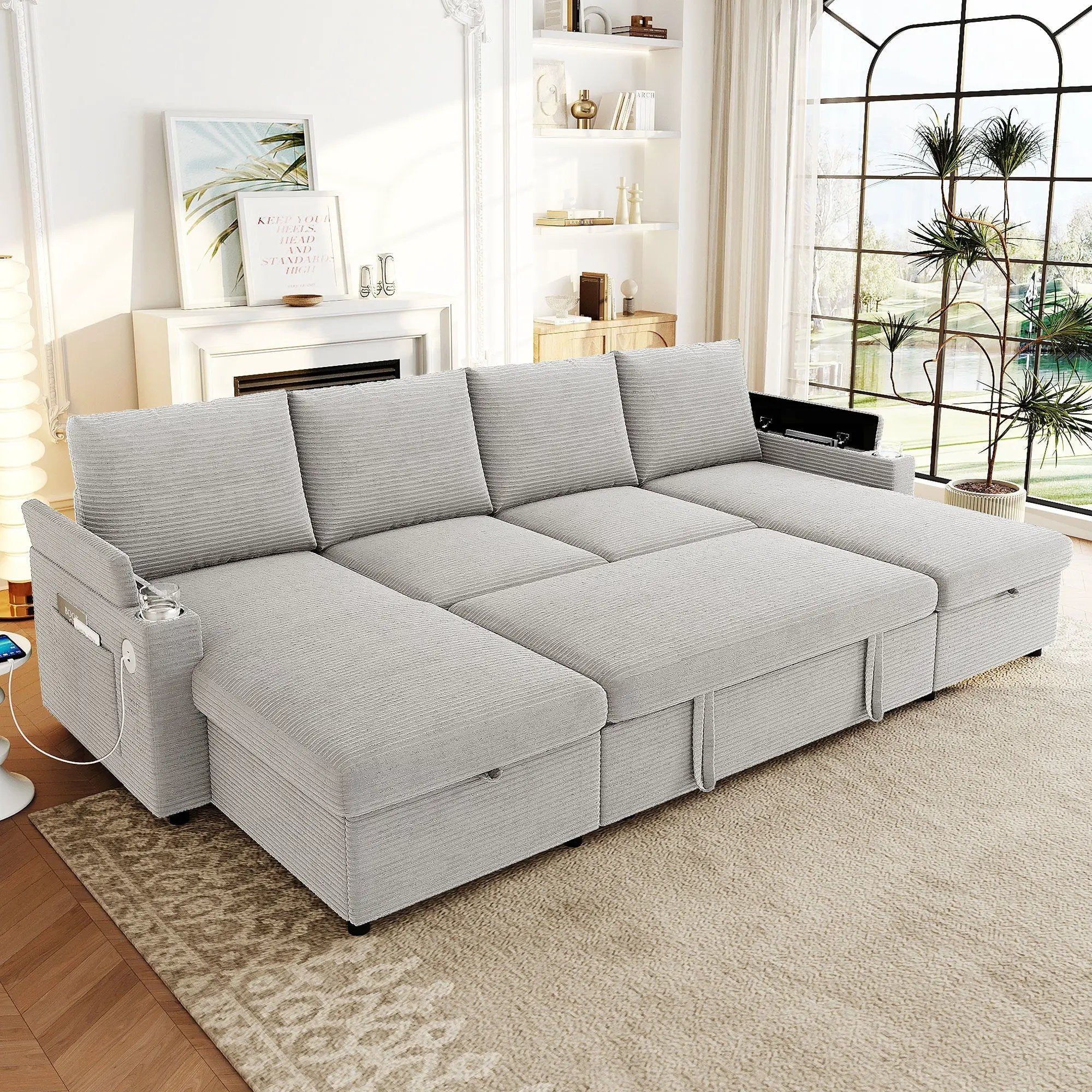 U Shaped Sectional Sofa Bed With Storage Chaise Lounges, USB Ports, And Cup Holders by HouseOfZazla