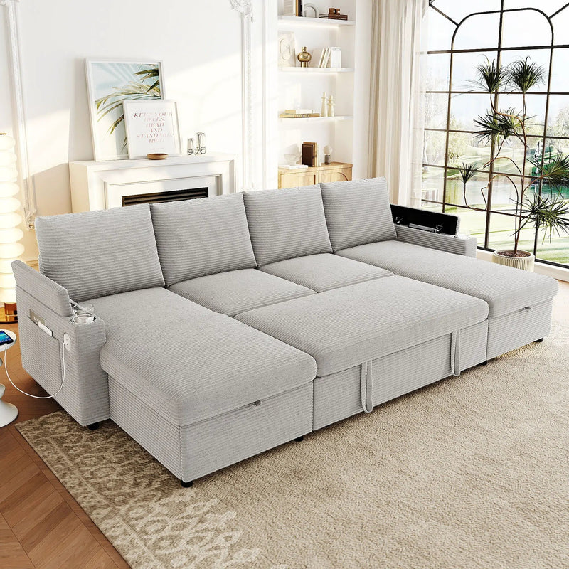 U Shaped Sectional Sofa Bed With Storage Chaise Lounges, USB Ports, And Cup Holders by HouseOfZazla