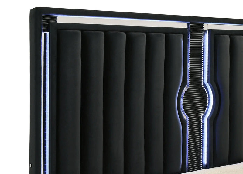 Ravenne Velvet Upholstered Eastern King LED Panel Bed Black by Unique Piece Furniture