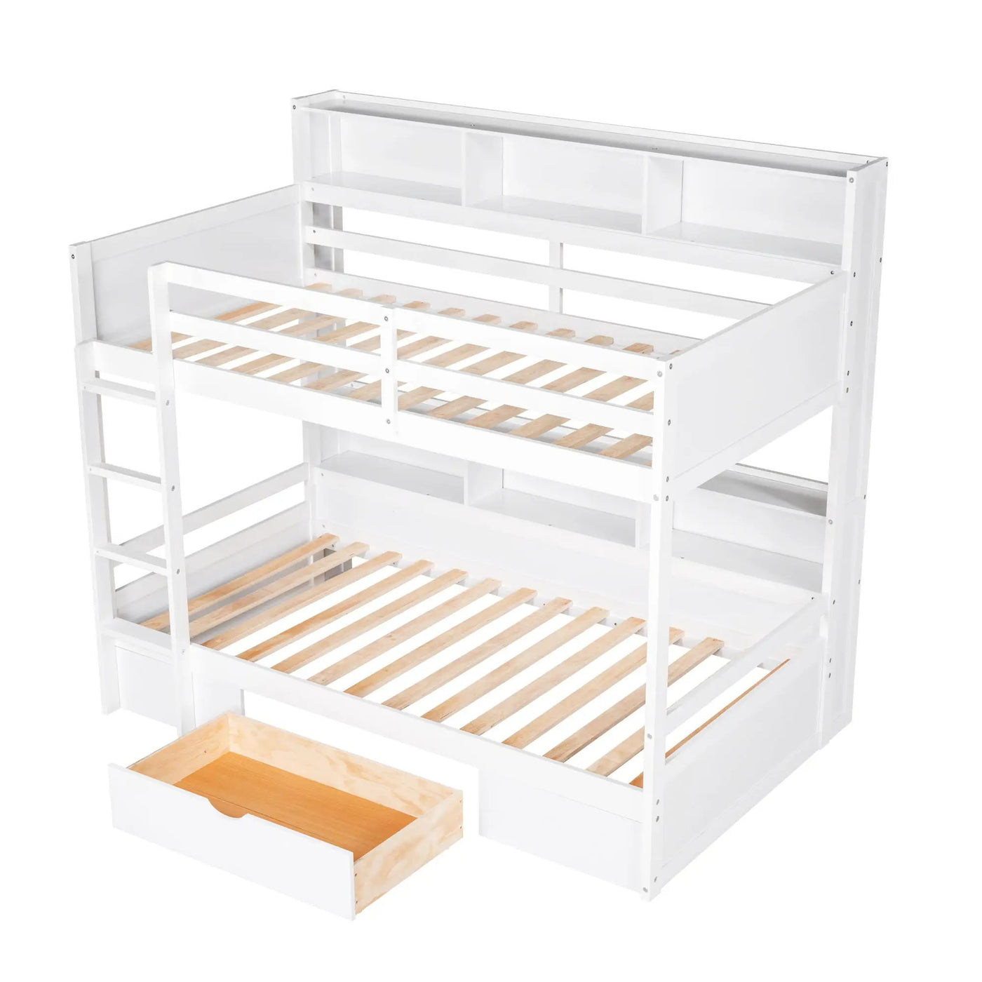 Twin Size Bunk Bed With Built-In Shelves Beside Both Upper And Down Bed And Storage Drawer by HouseOfZazla
