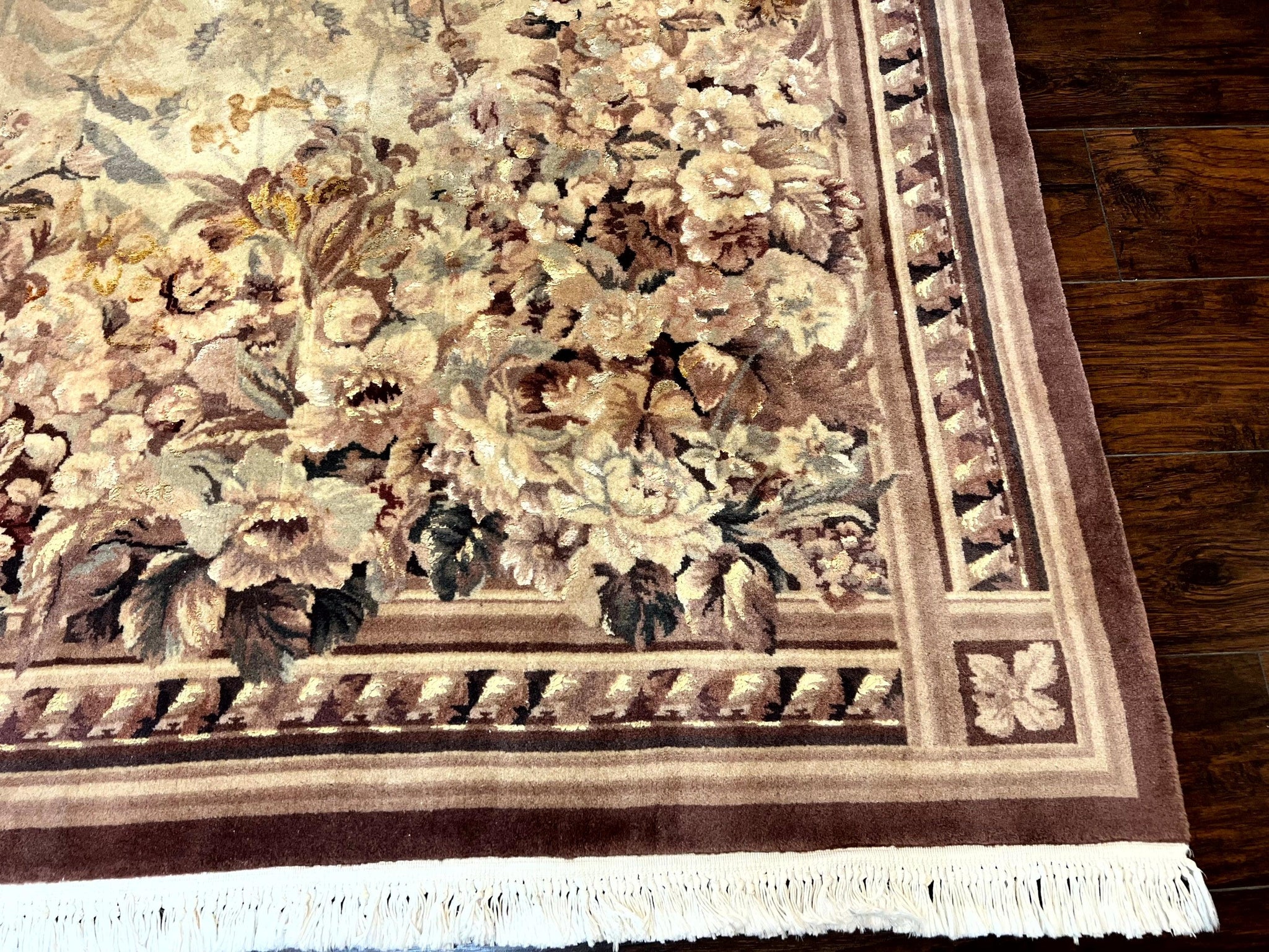 Aubusson Wool Rug 9x11, Wool with Silk Highlights, European Design, Vintage, Handmade, Floral, Fine 210 KPSI by Jewel Rugs