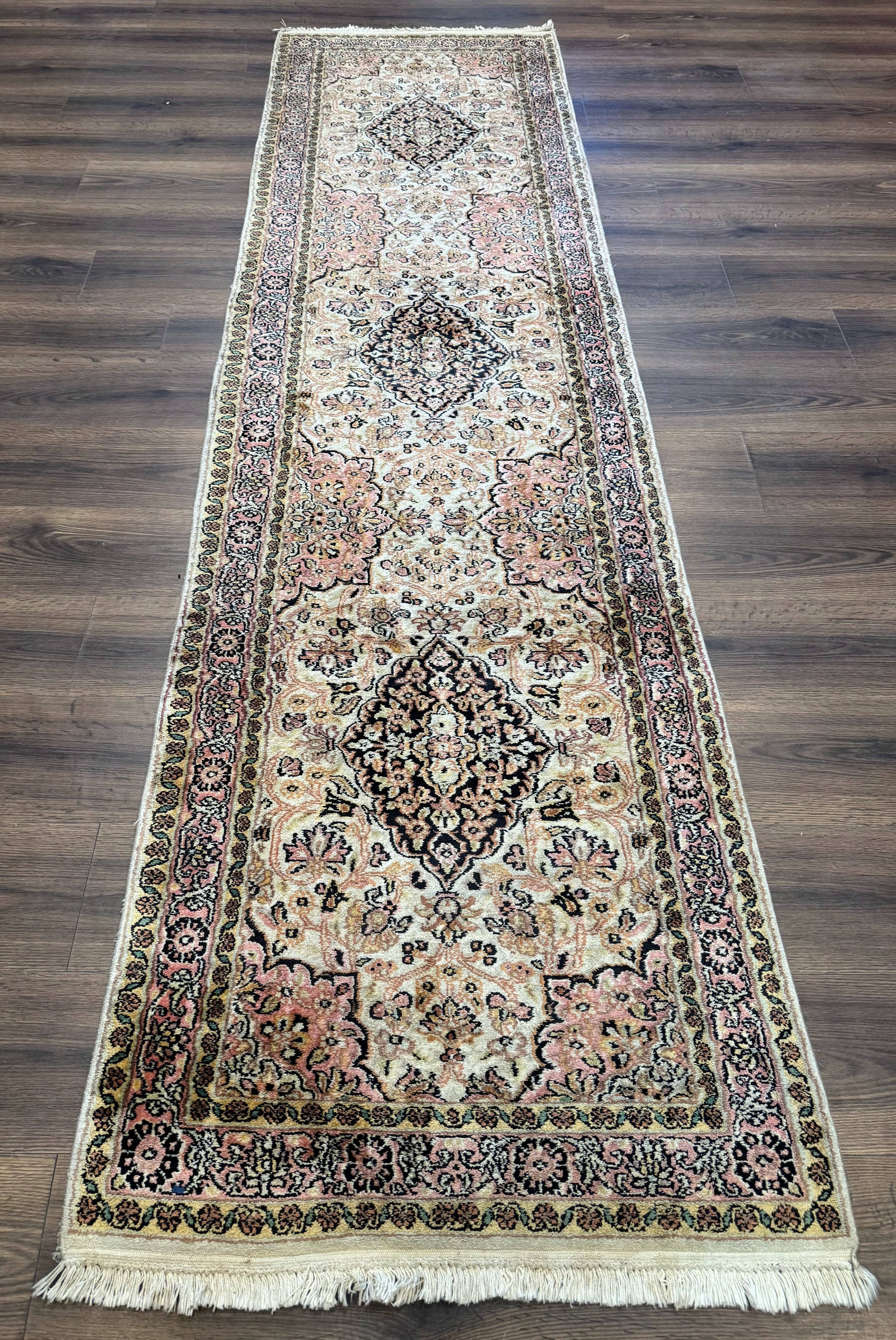 Silk Indian Kashmiri Runner Rug 2.7 x 9.8, Floral Medallions by Jewel Rugs