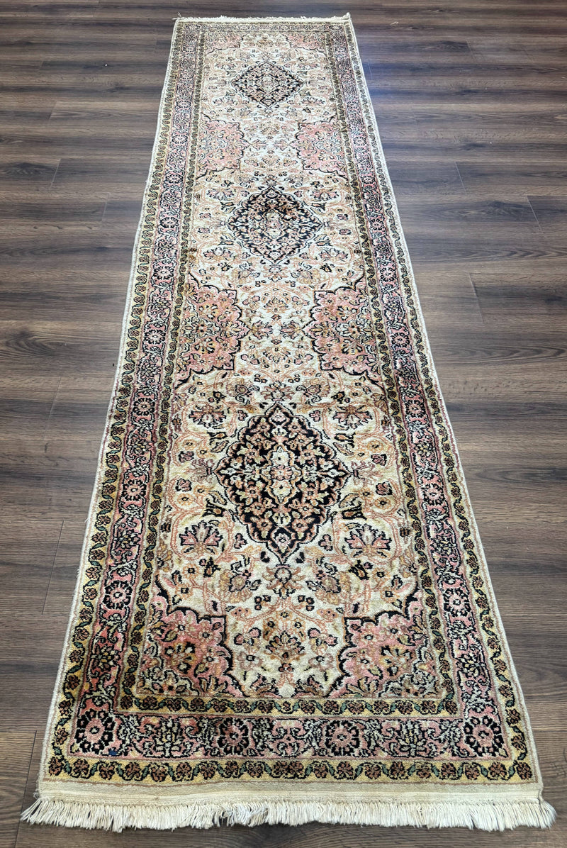 Silk Indian Kashmiri Runner Rug 2.7 x 9.8, Floral Medallions by Jewel Rugs