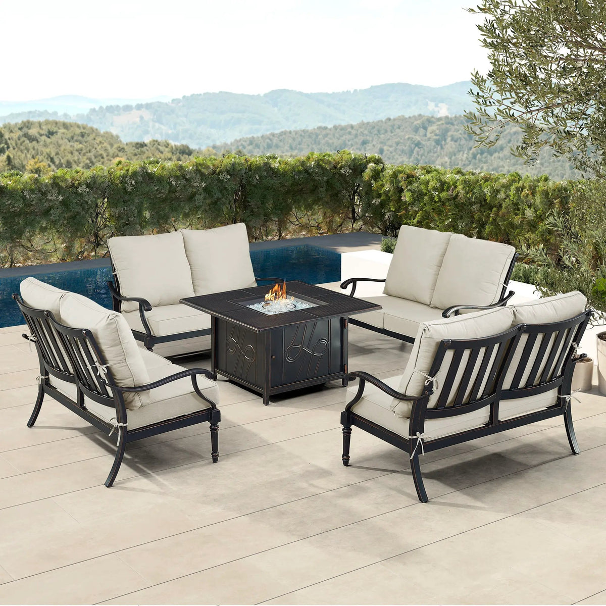 Black Aluminum Fire Table Set with Four Deep Seating Loveseats by Sharicks