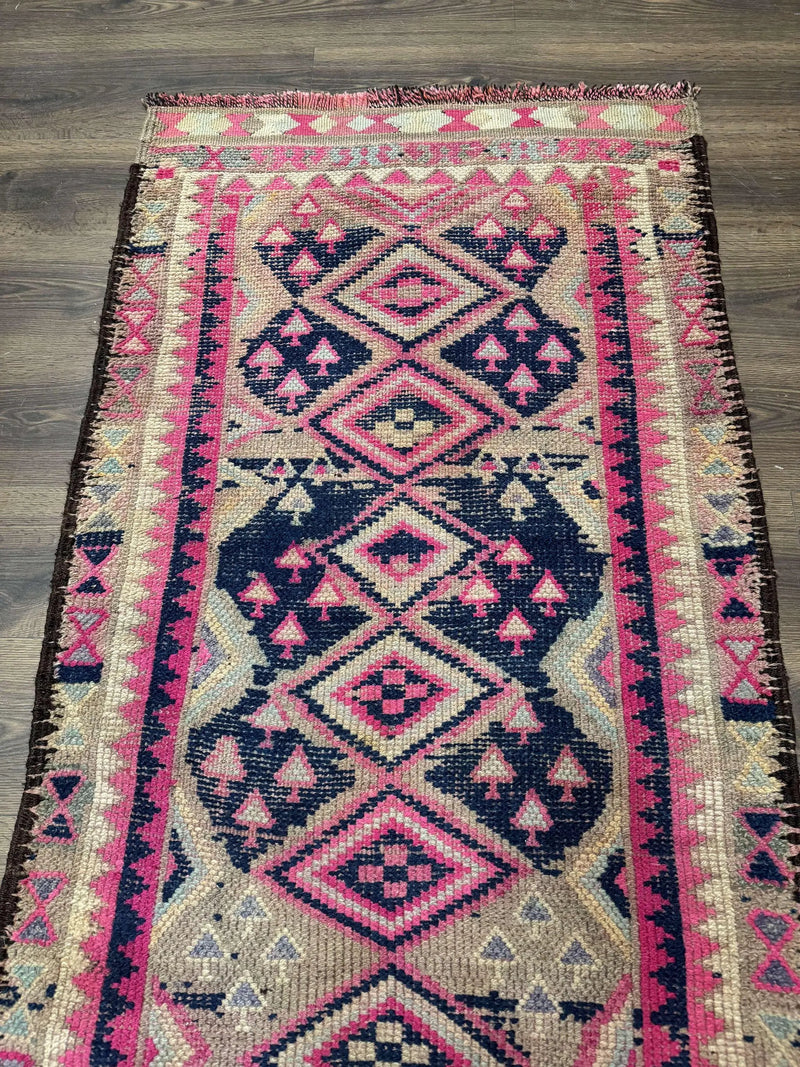 Turkish Runner Rug 3x10, Pink and Navy Blue, Bohemian Runner for Hallway or Kitchen, Vintage, Geometric, Tribal by Jewel Rugs