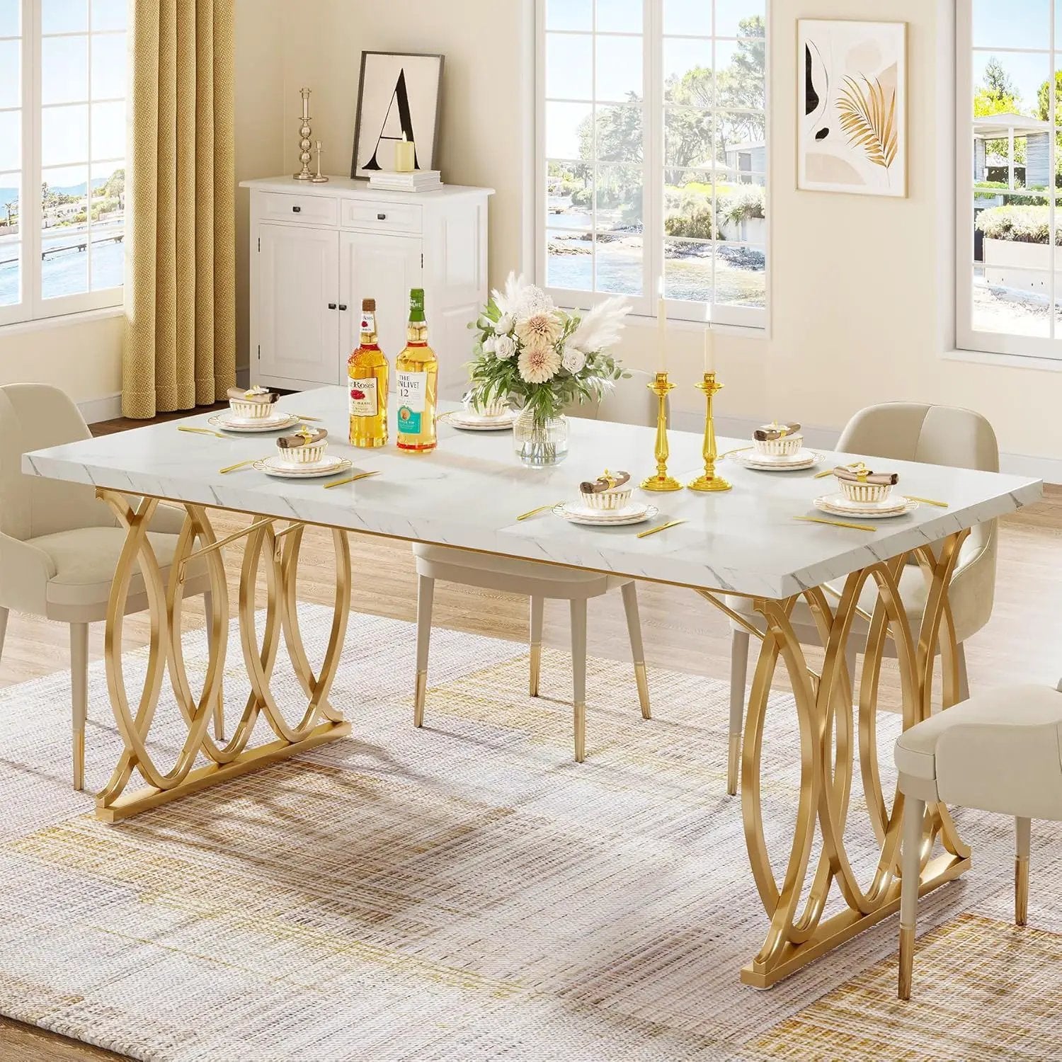 Large Rectangular Dining Table Kitchen Table With Geometric Legs - White / Gold by HouseOfZazla
