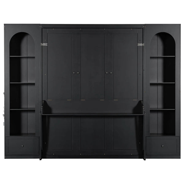 French Style Murphy Platform Bed With Shelf, Side Cabinets, Drawers And LED