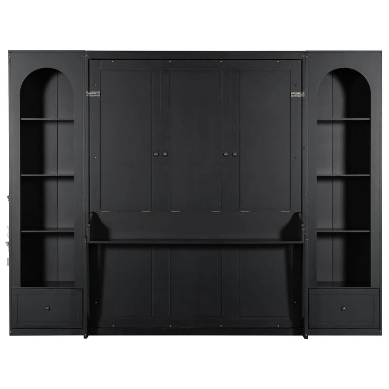 French Style Murphy Platform Bed With Shelf, Side Cabinets, Drawers And LED