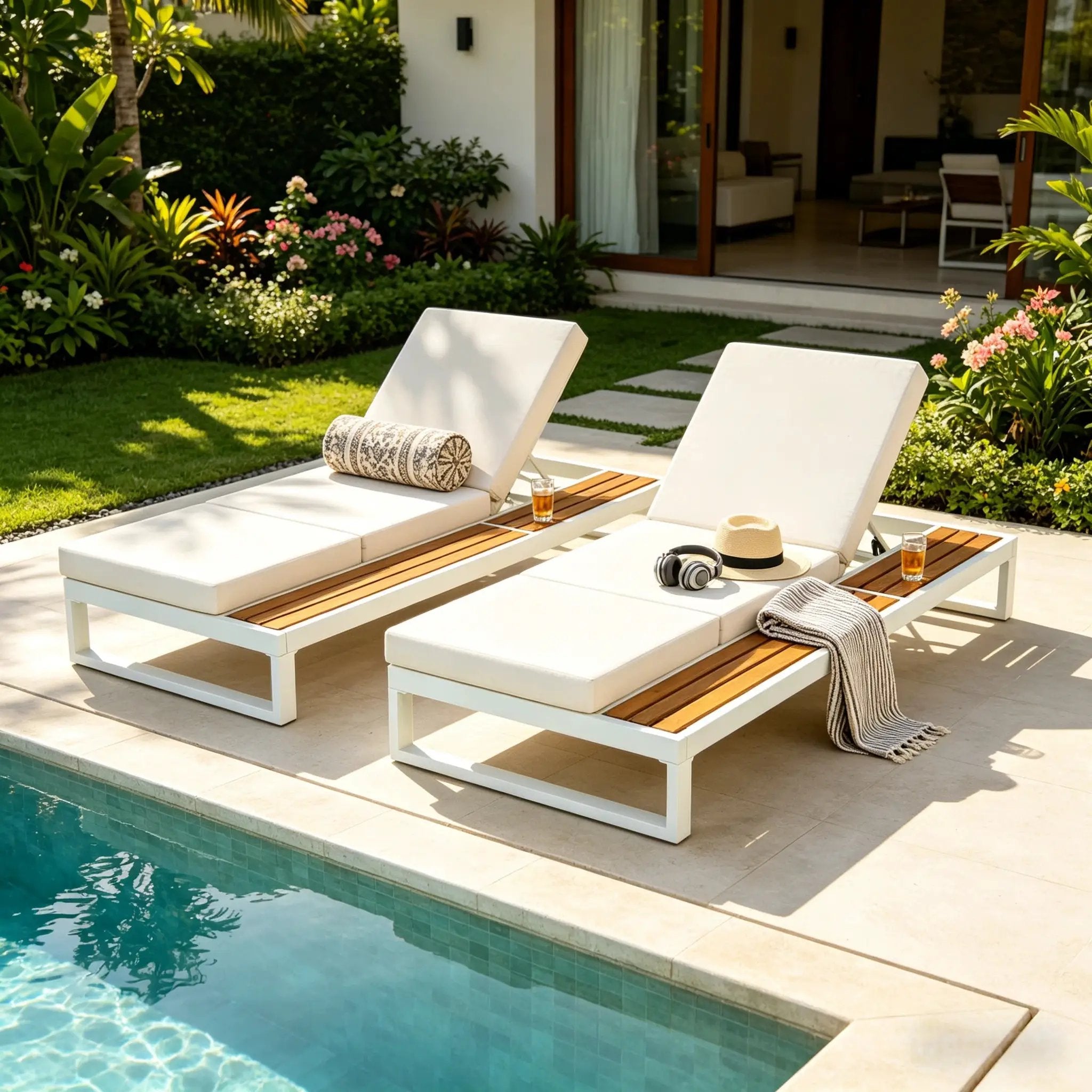 White Iron & Teak Finish Chaise Lounge Set by HouseOfZazla