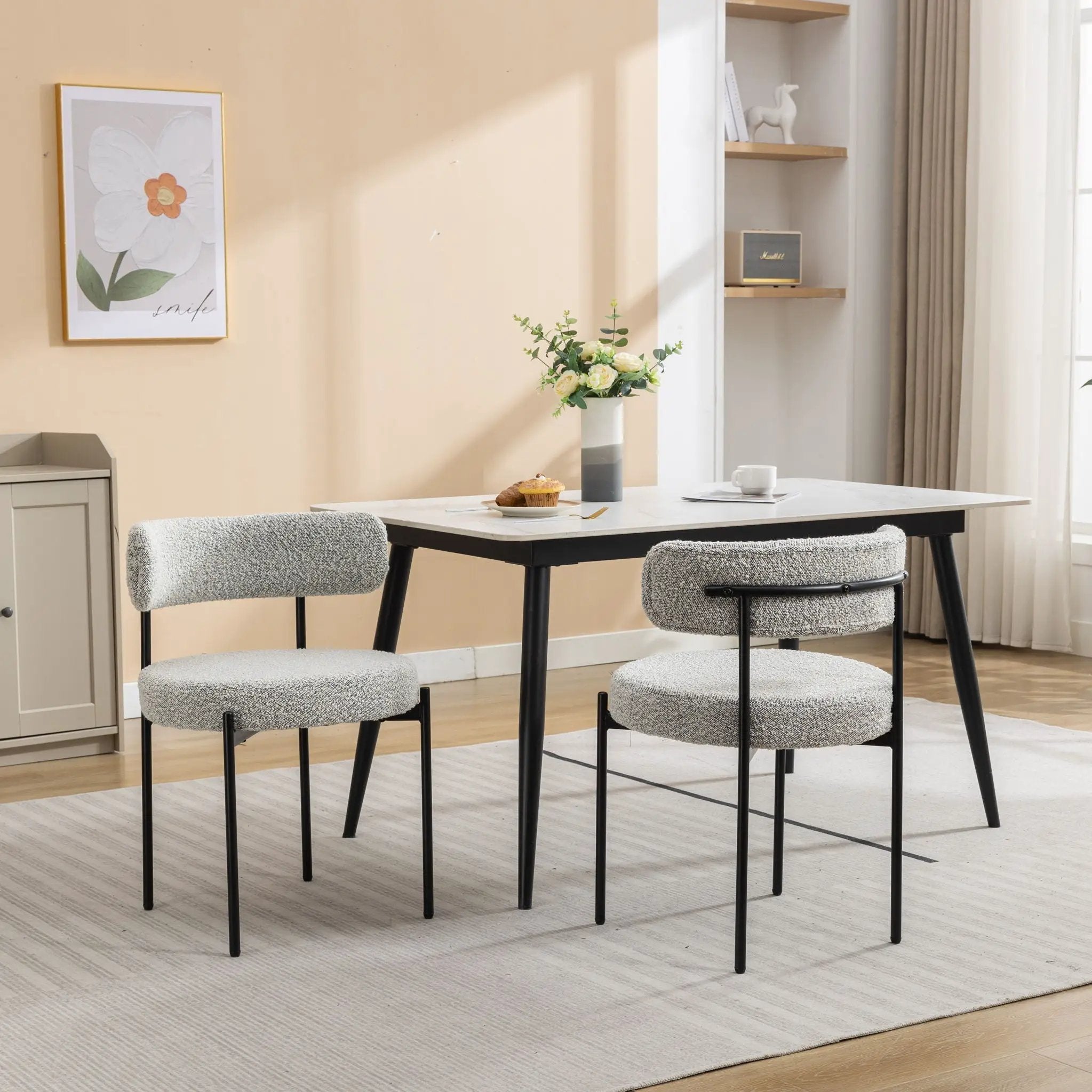Burbank - Modern Round Boucle Dining Chairs (Set of 2) - Black / White by HouseOfZazla
