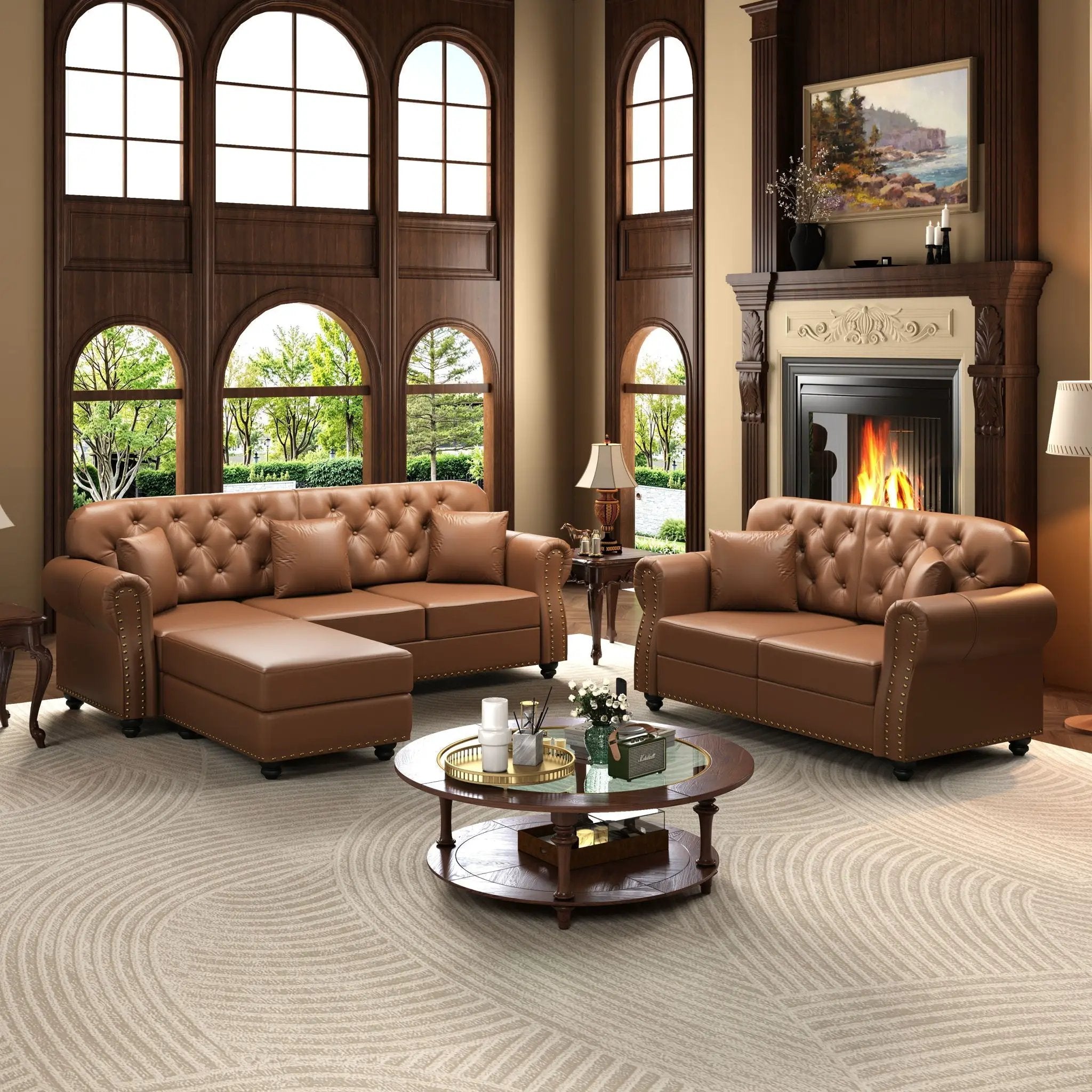 Upholstered Sofa With Nailhead Trim, Rolled Armrests With Ottoman by HouseOfZazla