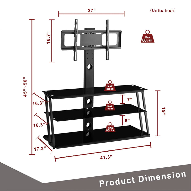 Multi-Function Angle And Height Adjustable Tempered Glass TV Stand - Black by Unique Piece Furniture